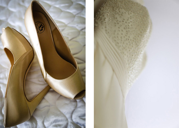 Particolari sposa, dettagli vestito e scarpe